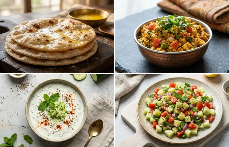 Chapati with Paneer Bhurji, Vegan Masoor Dal, Cucumber Mint Raita and No-Salt Lemon Cucumber Kachumber