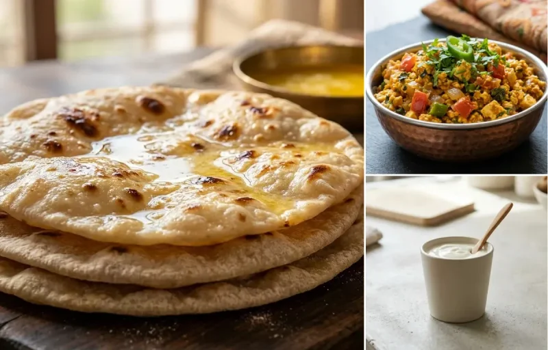 Chapati with Paneer Bhurji, Vegan Masoor Dal, Plain Yogurt Cup and Carrot Cucumber Salad