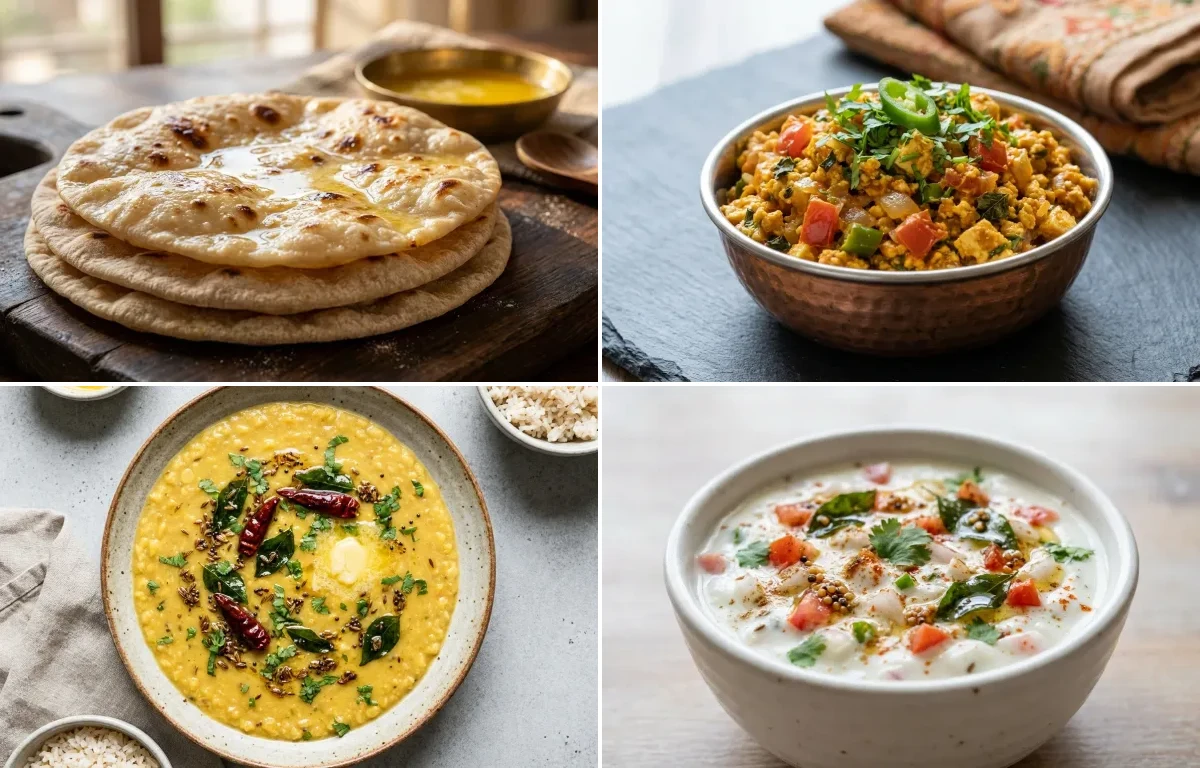 Chapati with Paneer Bhurji, Vegan Toor Dal, Onion Tomato Raita and Cucumber Carrot Sticks With Mint Yogurt Dip