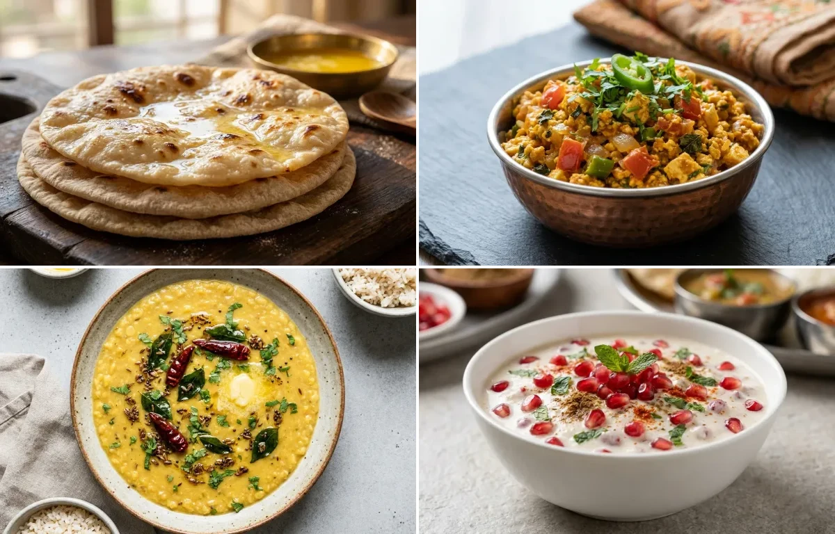 Chapati with Paneer Bhurji, Vegan Toor Dal, Pomegranate Raita and No-Salt Lemon Cucumber Kachumber