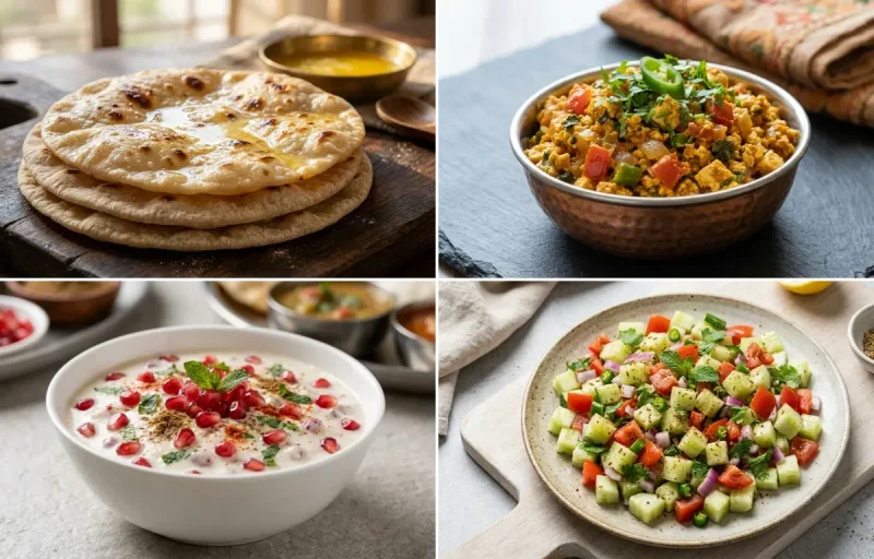 Chapati with Paneer Bhurji, Yellow Dal Fry, Pomegranate Raita and No-Salt Lemon Cucumber Kachumber