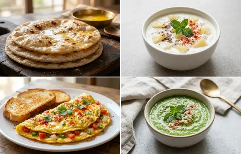 Chapati with Pineapple Raita, Bread Omelette, Hard Boiled Egg With Cucumber and Mint Yogurt Chutney