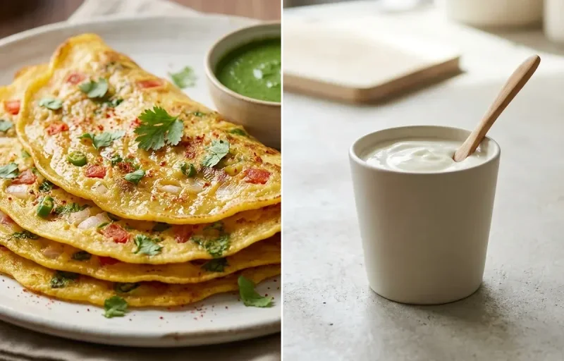 Chapati with Tandoori Tofu Bowl, Moong Dal Chilla, Plain Yogurt Cup and Cucumber Carrot Sticks With Mint Yogurt Dip