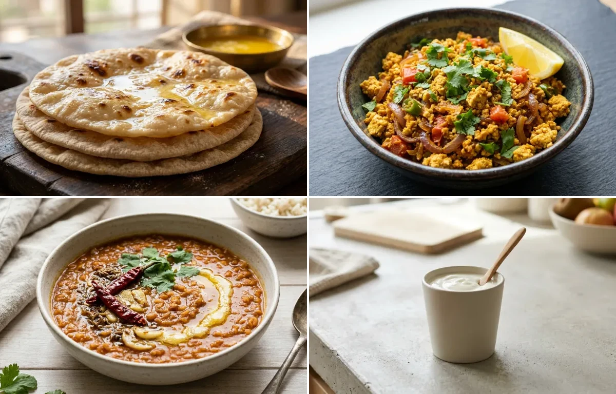 Chapati with Tofu Bhurji, Masoor Dal, Plain Yogurt Cup and Mooli Cucumber Salad