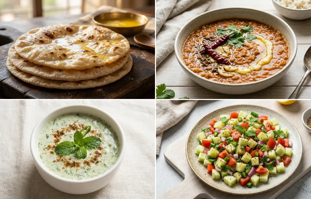 Chapati with Tofu Cubes Light Saute, Masoor Dal, Mint Raita and No-Salt Lemon Cucumber Kachumber