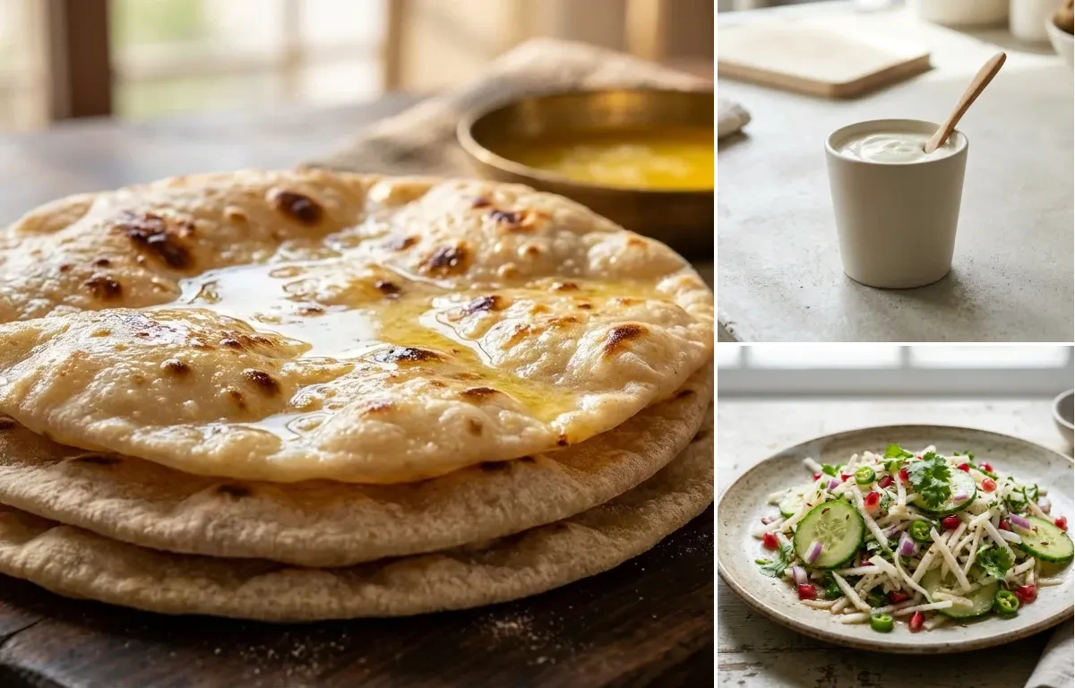 Chapati with Tofu Curry, Vegan Masoor Dal, Plain Yogurt Cup and Mooli Cucumber Salad