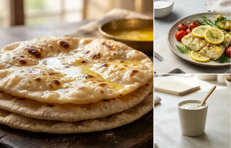 Chapati with Toor Dal Tadka, Baked Cod With Lemon, Plain Yogurt Cup and Carrot Cucumber Salad