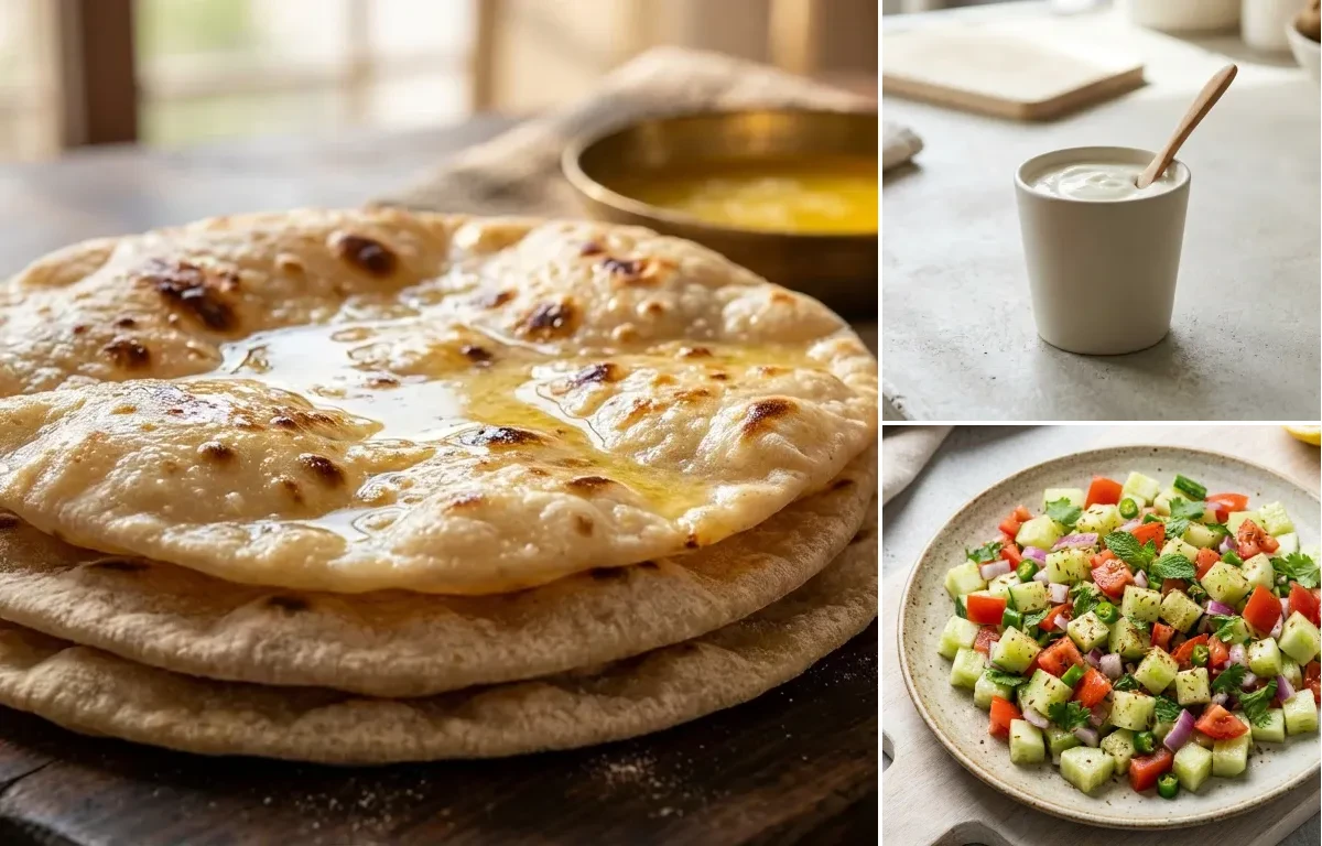 Chapati with Vegan Kadhi, Vegan Masoor Dal, Plain Yogurt Cup and No-Salt Lemon Cucumber Kachumber