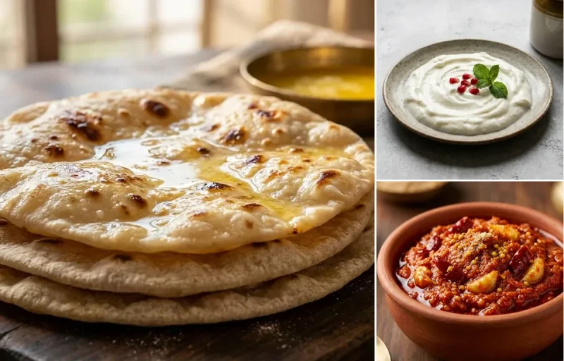 Chapati with Vegan Masoor Dal, Plain Curd and Garlic Chutney