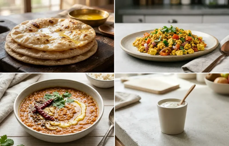Chapati with Vegan Tofu Bhurji, Masoor Dal, Plain Yogurt Cup and Mooli Cucumber Salad