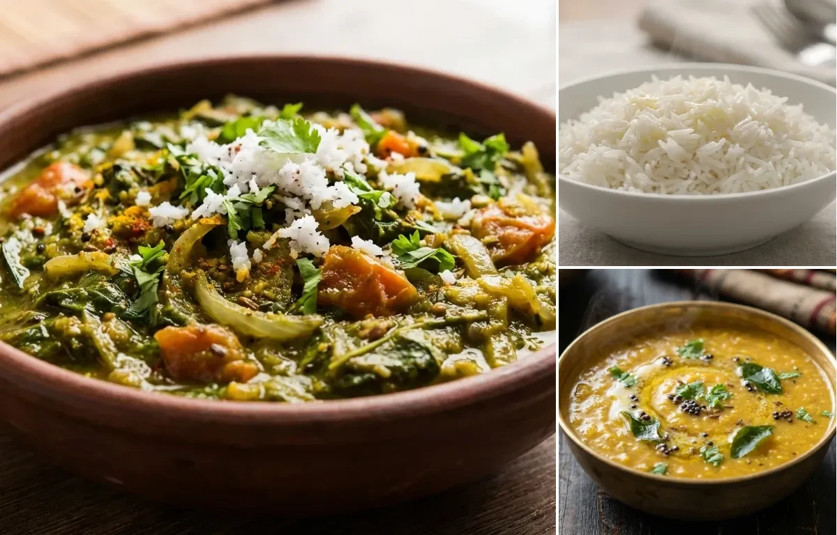 Chawli chi Bhaji with Steamed Basmati Rice and Amti Dal