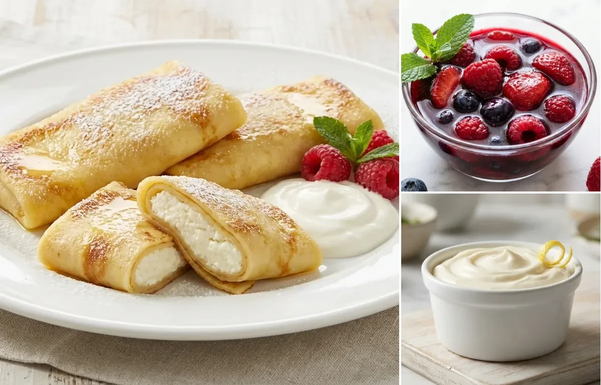 Cheese Blintzes with Mixed Berry Sauce and Sour Cream