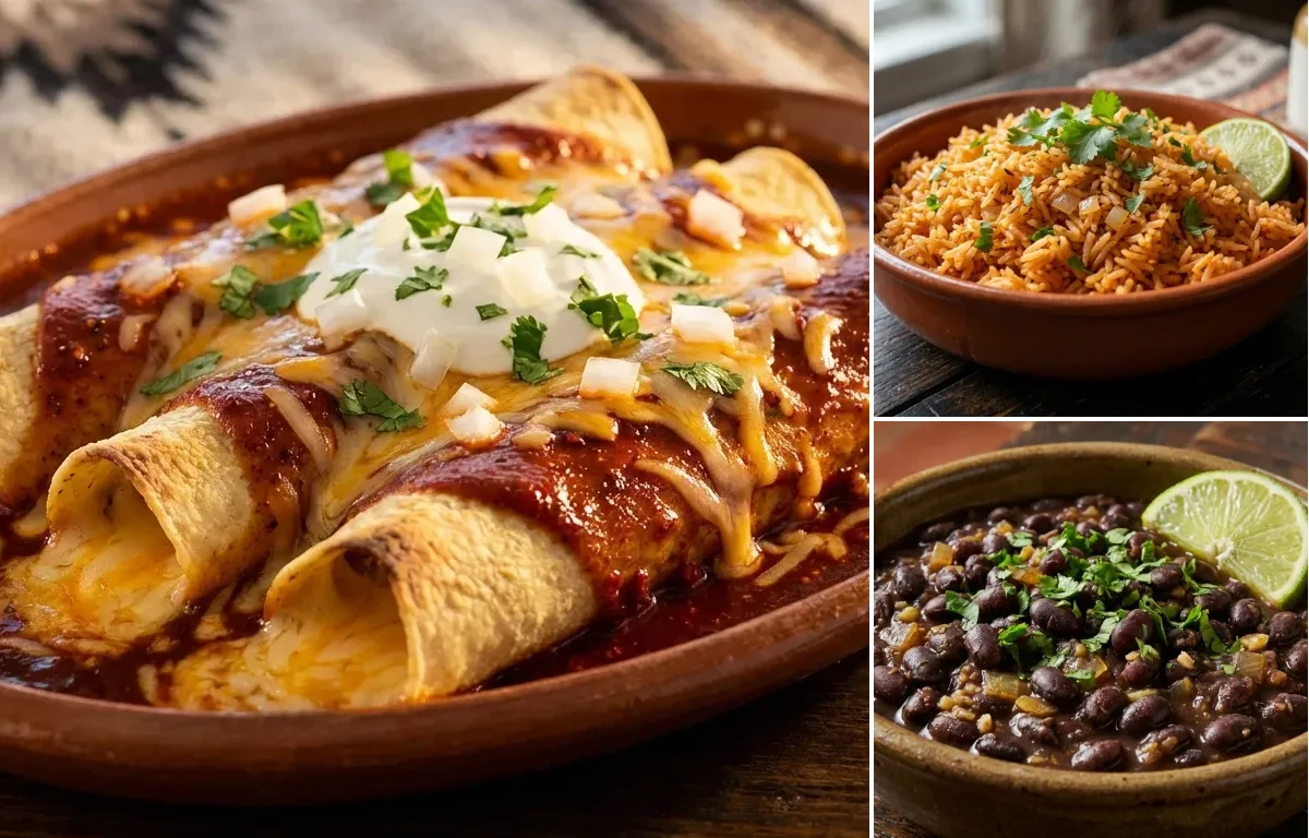 Cheese Enchiladas with Spanish Rice and Savory Black Beans