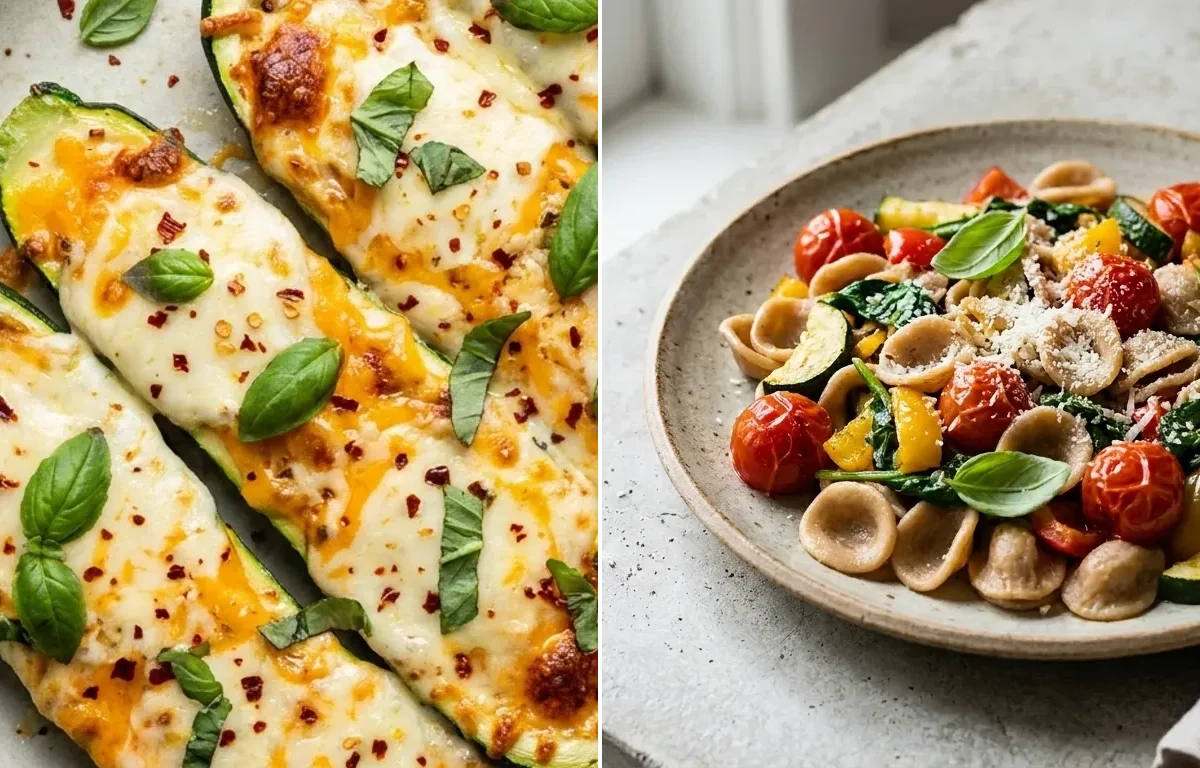 Cheesy Baked Zucchini Boats with Whole Wheat Pasta with Vegetables