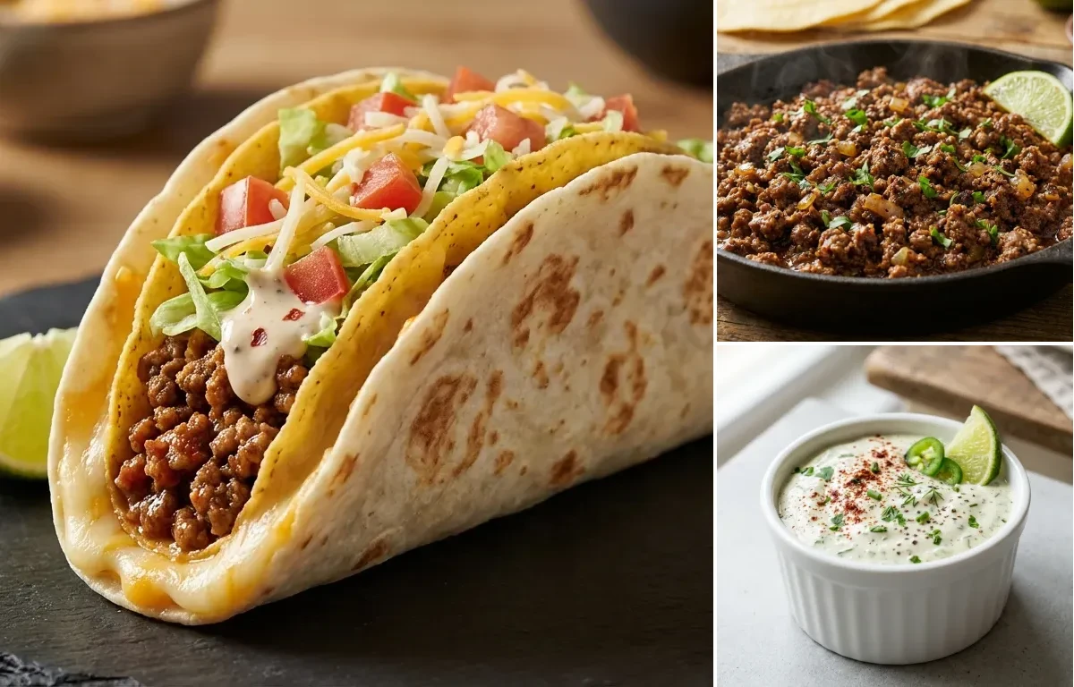 Cheesy Gordita Crunch with Seasoned Ground Beef for Tacos and Spicy Ranch Dressing