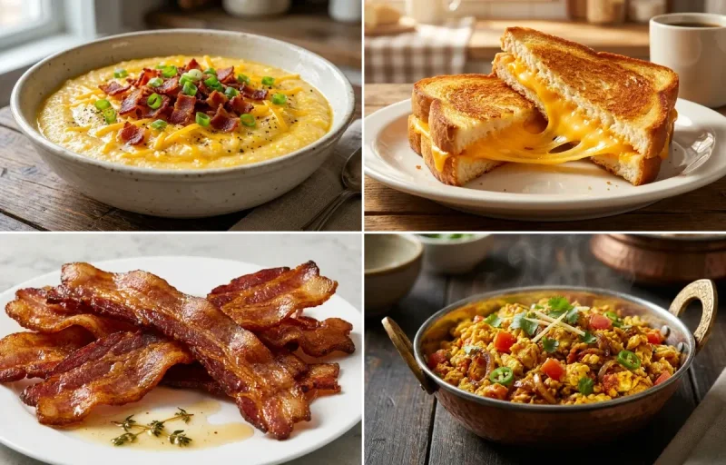 Cheesy Grits Bowl with Grilled Cheese, Pan-Fried Bacon and Anda Bhurji