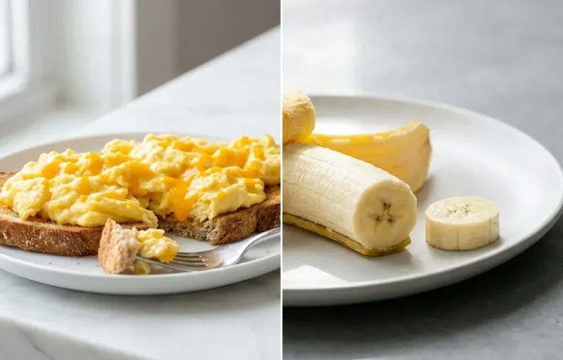 Cheesy Scrambled Eggs on Whole Wheat Toast with Banana