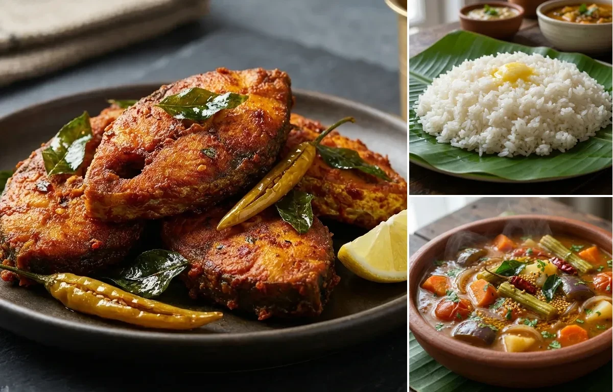Chepa Vepudu with Steamed Rice and Vegetable Sambar