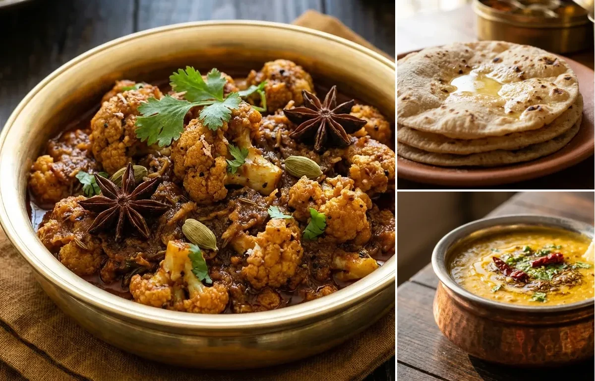 Chettinad Cauliflower Masala with Roti and Dal Fry