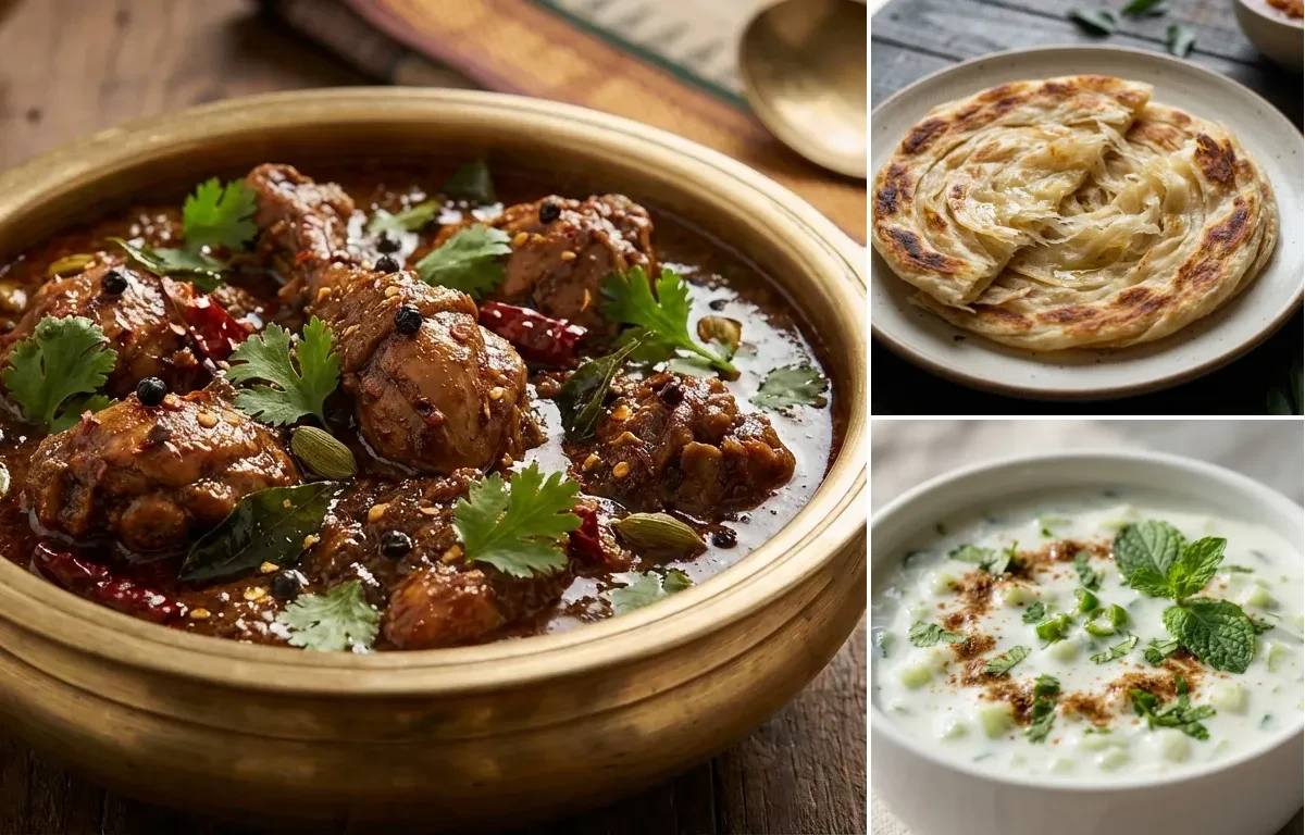 Chettinad Chicken Curry with Parotta and Cucumber Raita