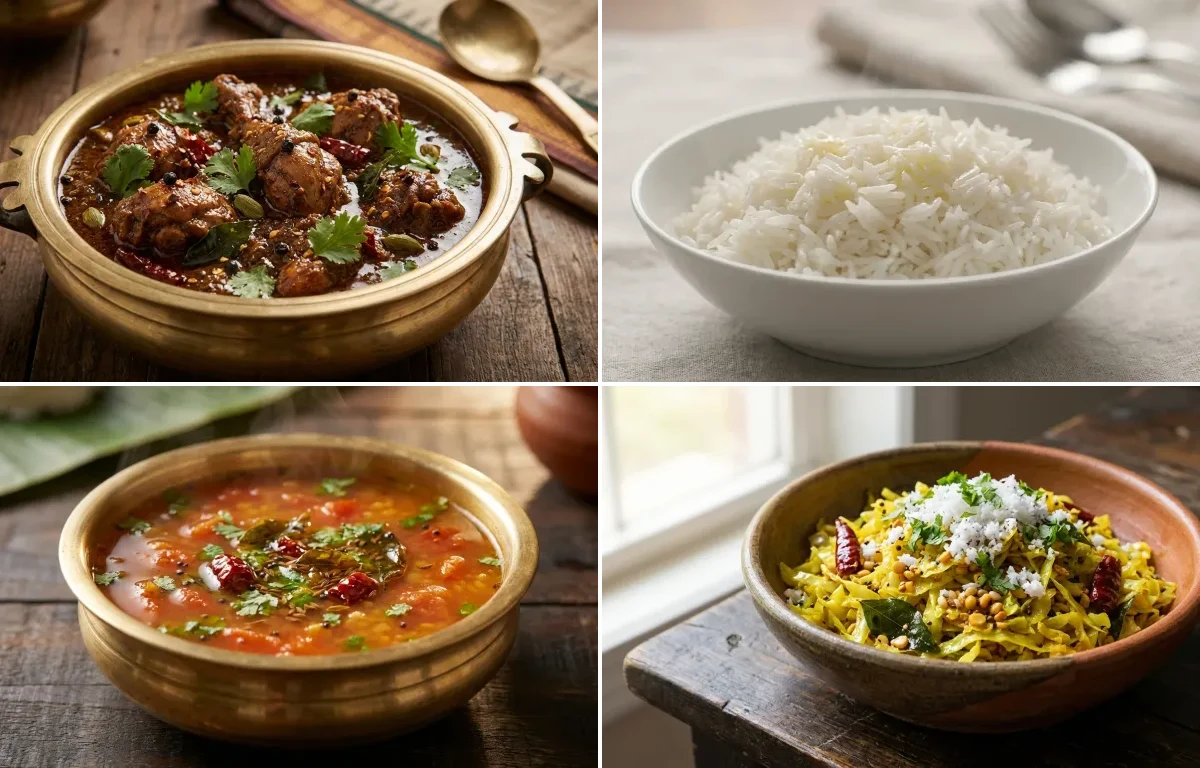 Chettinad Chicken Curry with Steamed Basmati Rice, Tomato Rasam and Cabbage Poriyal