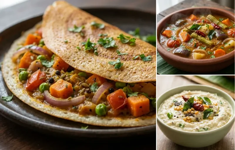 Chettinad Dosa with Vegetable Sambar and Thengai Chutney