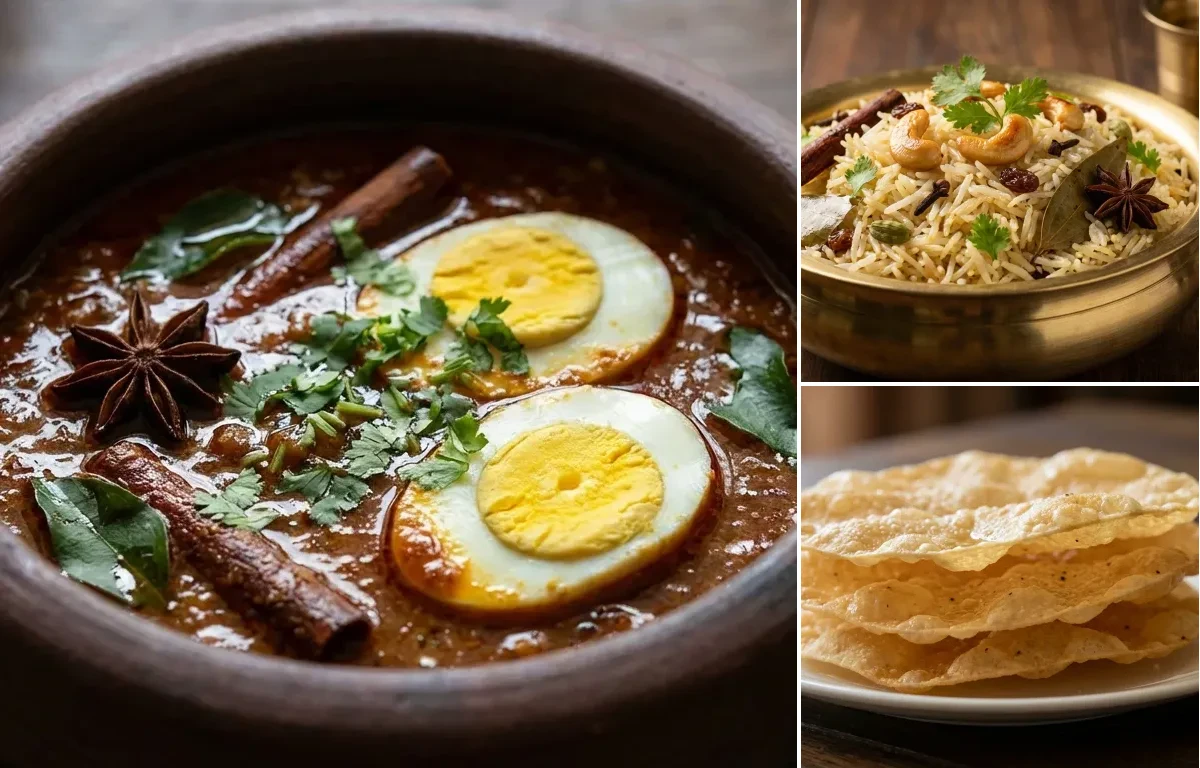 Chettinad Egg Curry with Ghee Rice and Pappadam