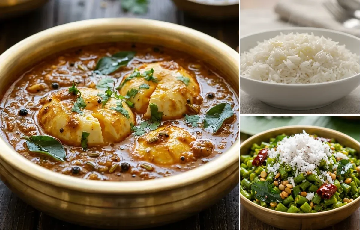 Chettinad Egg Drop Curry with Steamed Basmati Rice and Beans Poriyal