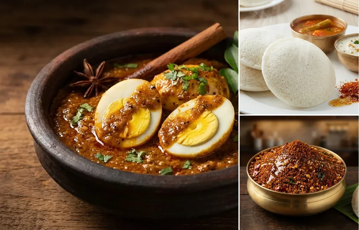 Chettinad Egg Gravy with Idli and Idli Podi