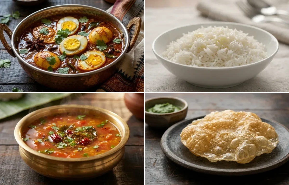 Chettinad Egg Masala with Steamed Basmati Rice, Tomato Rasam and Appalam