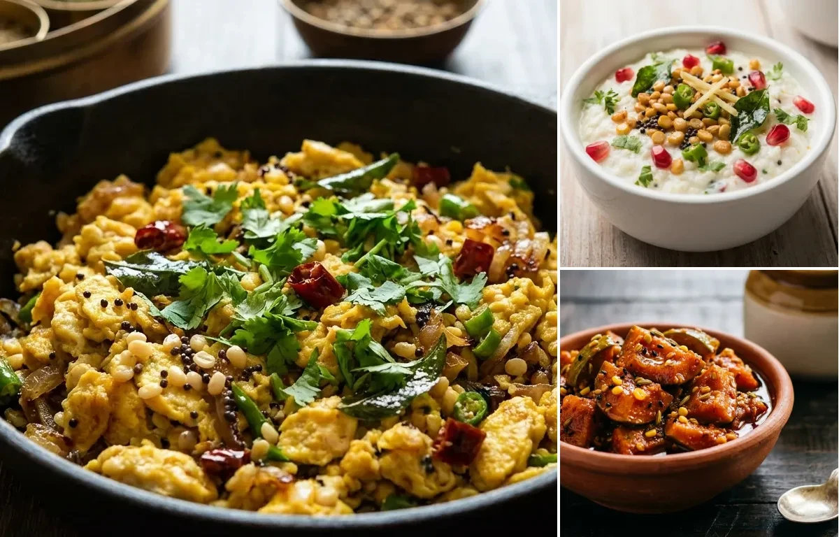 Chettinad Egg Scramble with Curd Rice and Mango Pickle