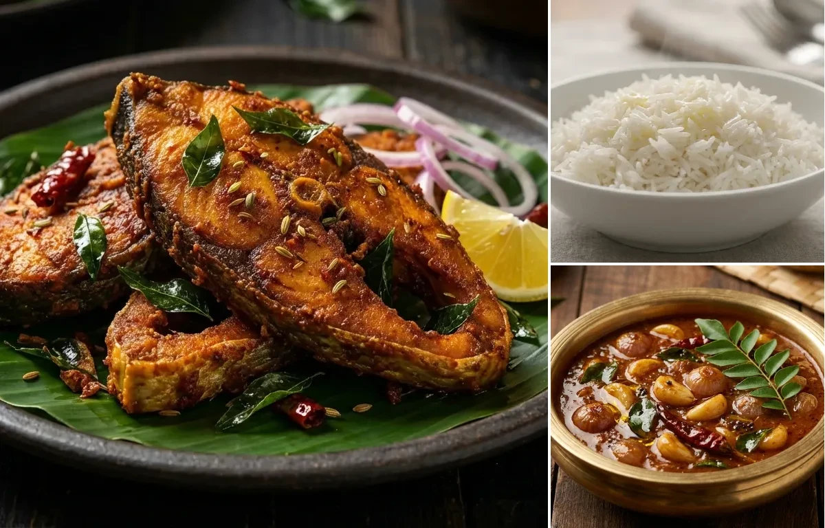 Chettinad Fish Fry with Steamed Basmati Rice and Poondu Kuzhambu