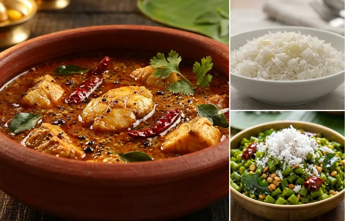 Chettinad Fish Kuzhambu with Steamed Basmati Rice and Beans Poriyal