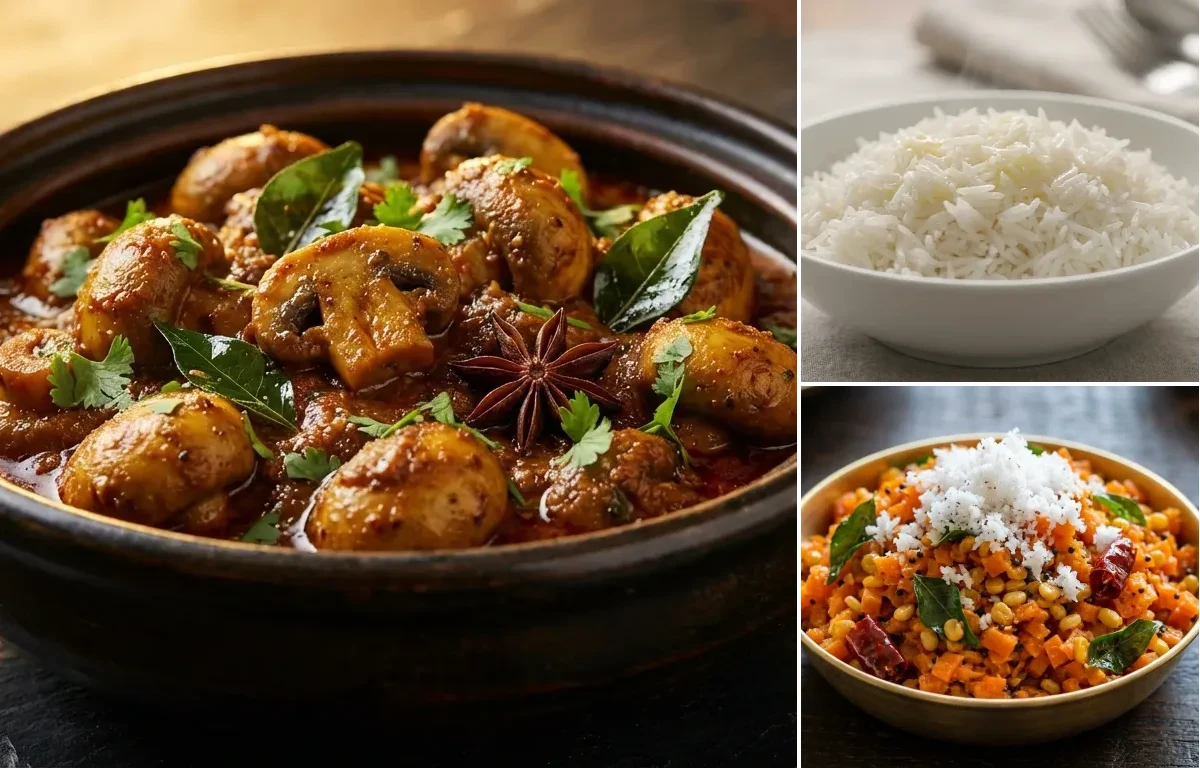 Chettinad Mushroom Masala with Steamed Basmati Rice and Carrot Poriyal