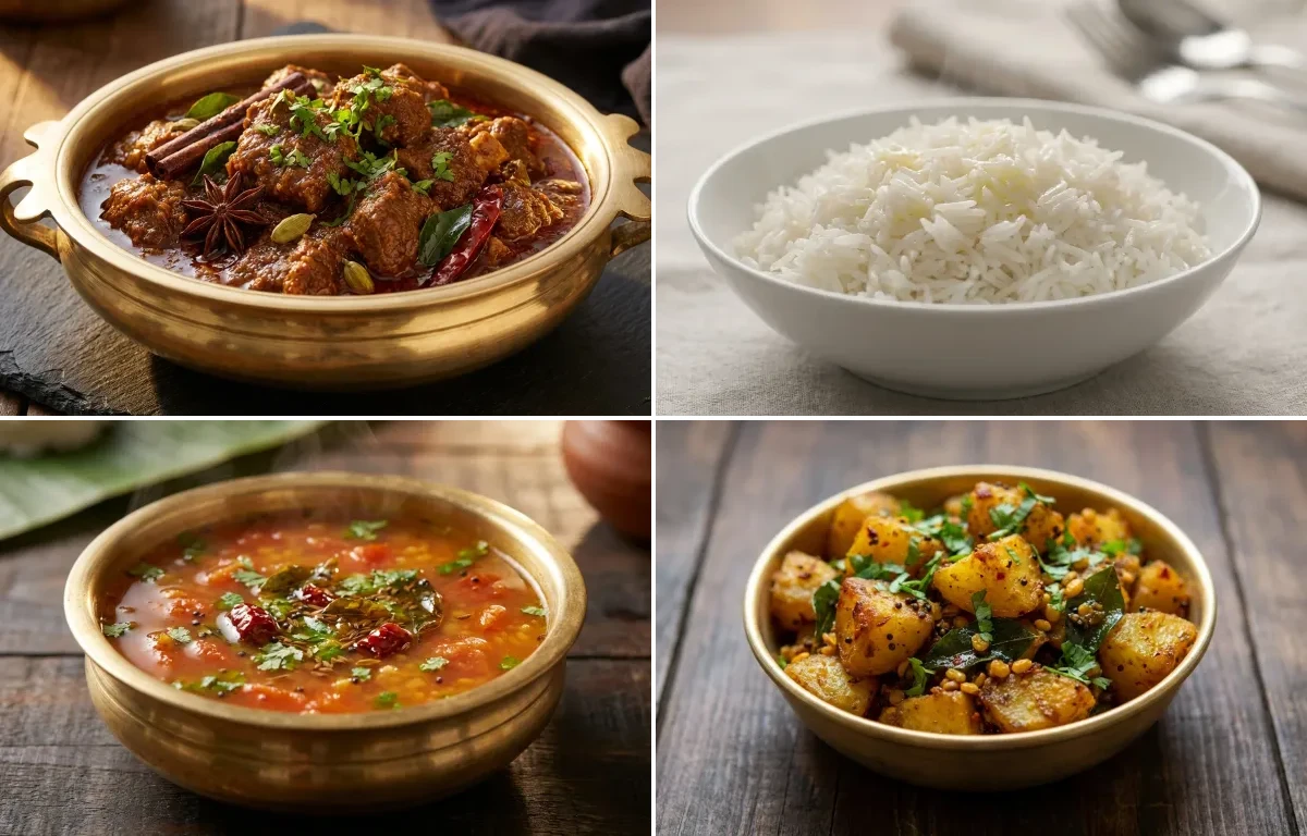 Chettinad Mutton Curry with Steamed Basmati Rice, Tomato Rasam and Potato Fry