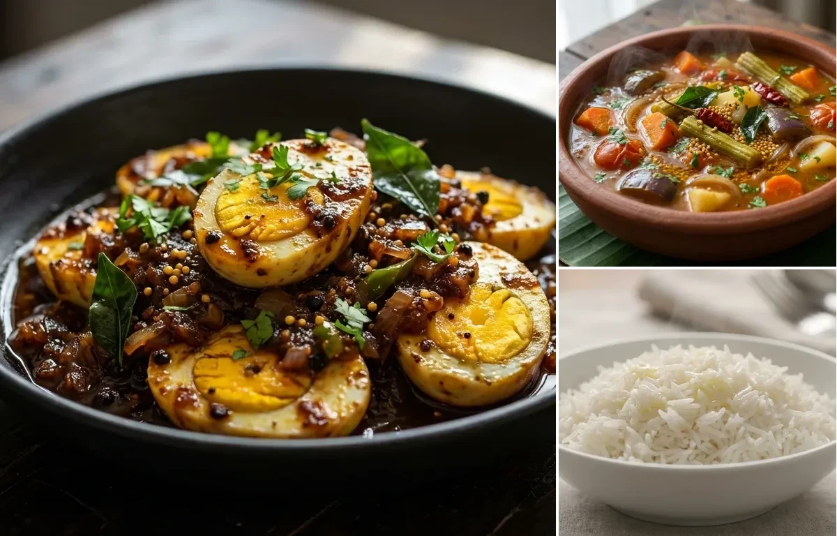 Chettinad Pepper Egg Fry with Vegetable Sambar and Steamed Basmati Rice