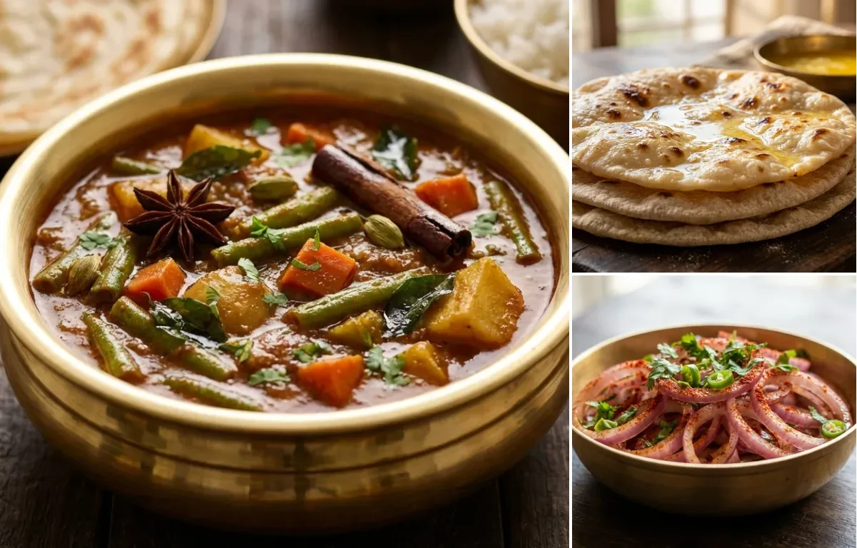Chettinad Vegetable Curry with Chapati and Onion Salad