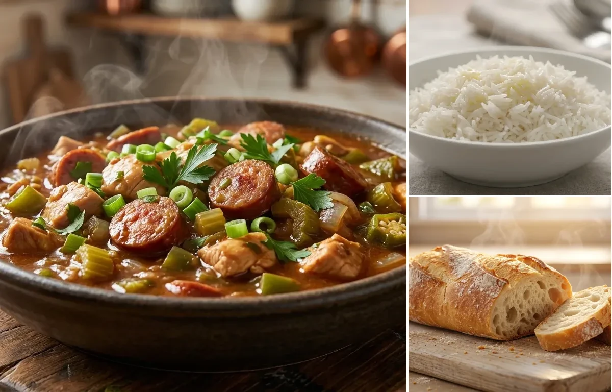 Chicken and Andouille Sausage Gumbo with Steamed Basmati Rice and French Bread