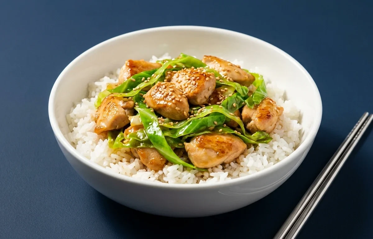 Chicken and Cabbage Stir Fry over White Rice