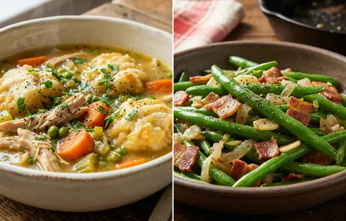 Chicken and Dumplings with Sauteed Green Beans with Bacon