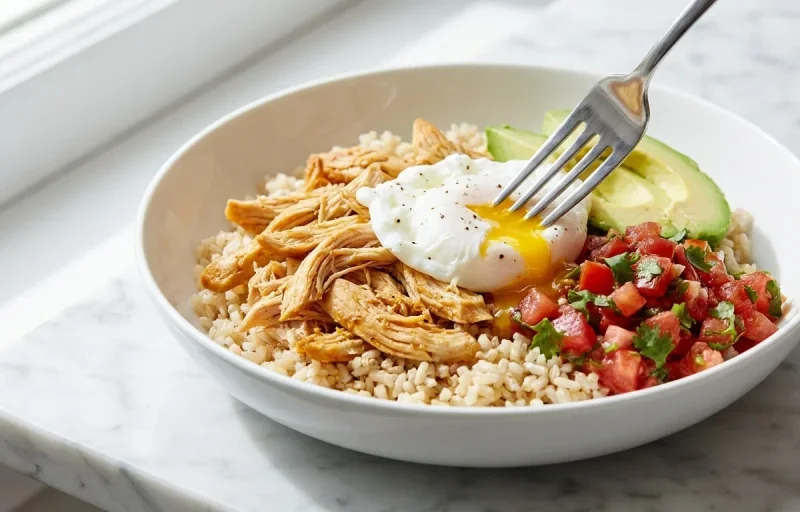 Chicken and Egg Breakfast Bowl with Steamed White Rice and Salsa