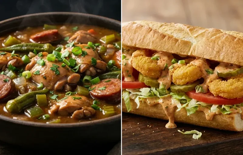 Chicken and Sausage Gumbo with Shrimp Po'boy