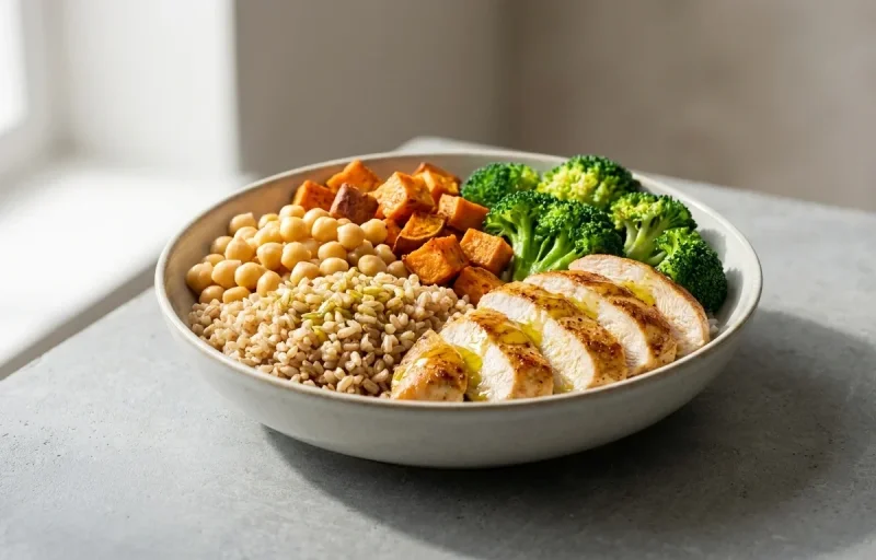 Chicken and White Rice Bowl with Cabbage and Lemon Olive Oil