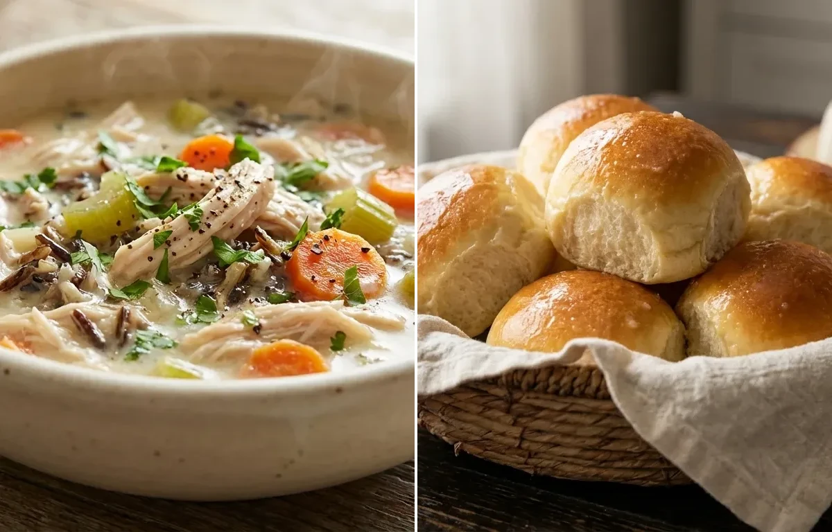 Chicken and Wild Rice Soup with Dinner Rolls