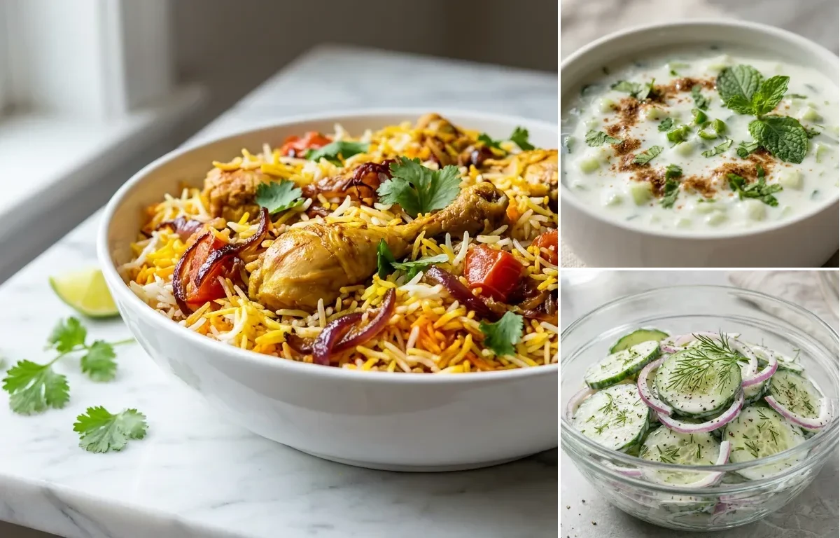 Chicken Biryani with Cucumber Raita with Cucumber Salad