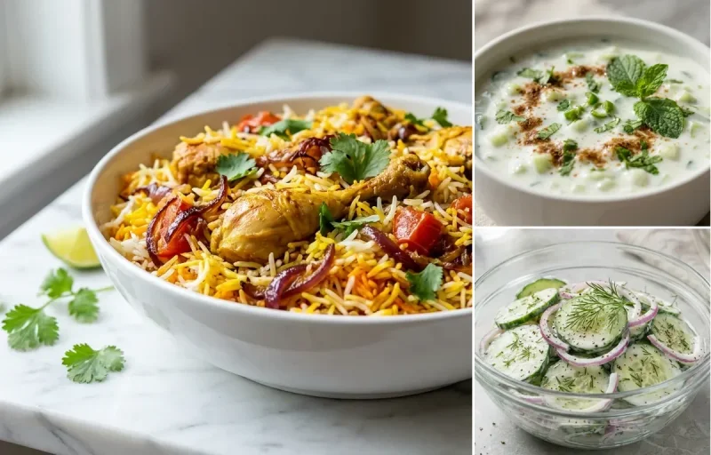 Chicken Biryani with Cucumber Raita with Cucumber Salad