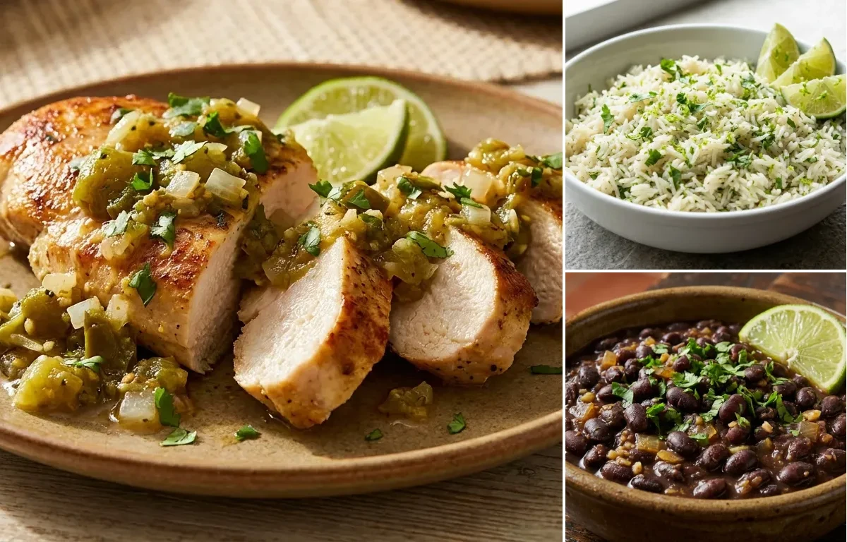 Chicken Breast with Green Chile Salsa with Cilantro Lime Rice and Savory Black Beans
