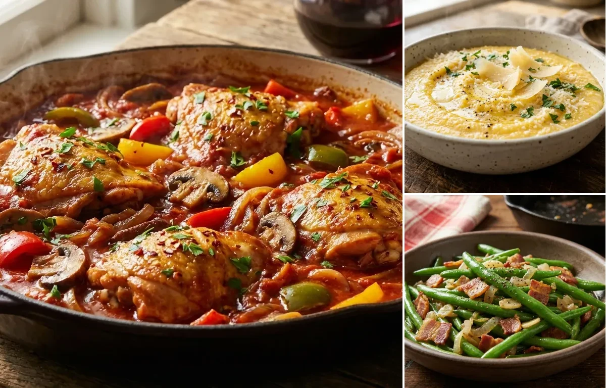 Chicken Cacciatore with Parmesan Polenta and Sauteed Green Beans with Bacon