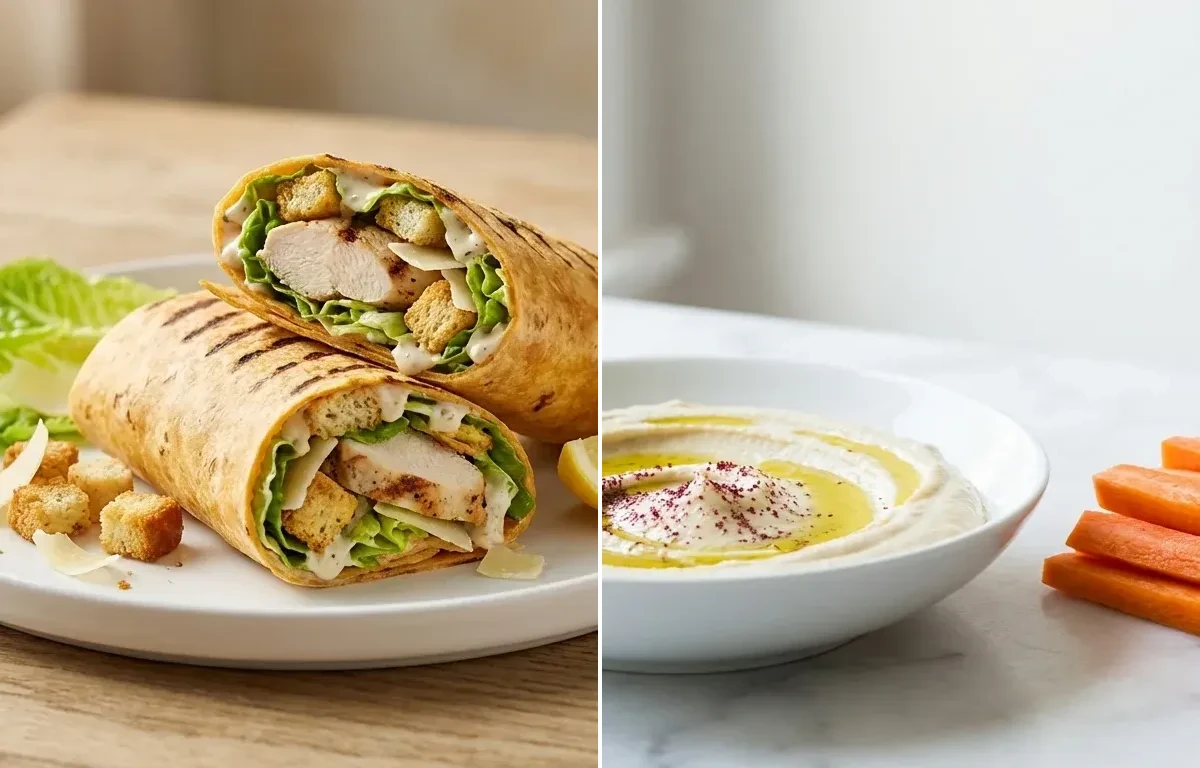 Chicken Caesar Wrap with Carrot Sticks and Hummus