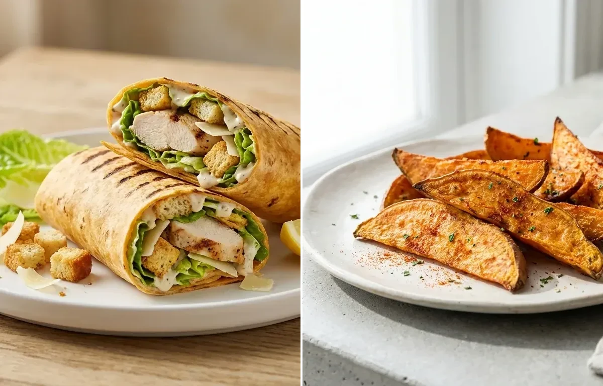 Chicken Caesar Wrap with Vegan Sweet Potato Wedges Baked
